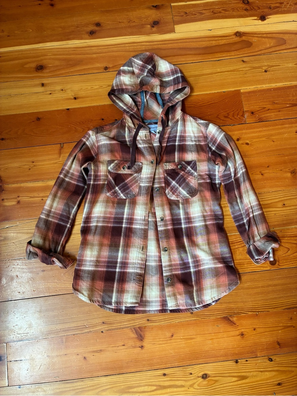 Carhartt women’s Plaid Hooded Flannel Jacket - Rust, Cream, Brown